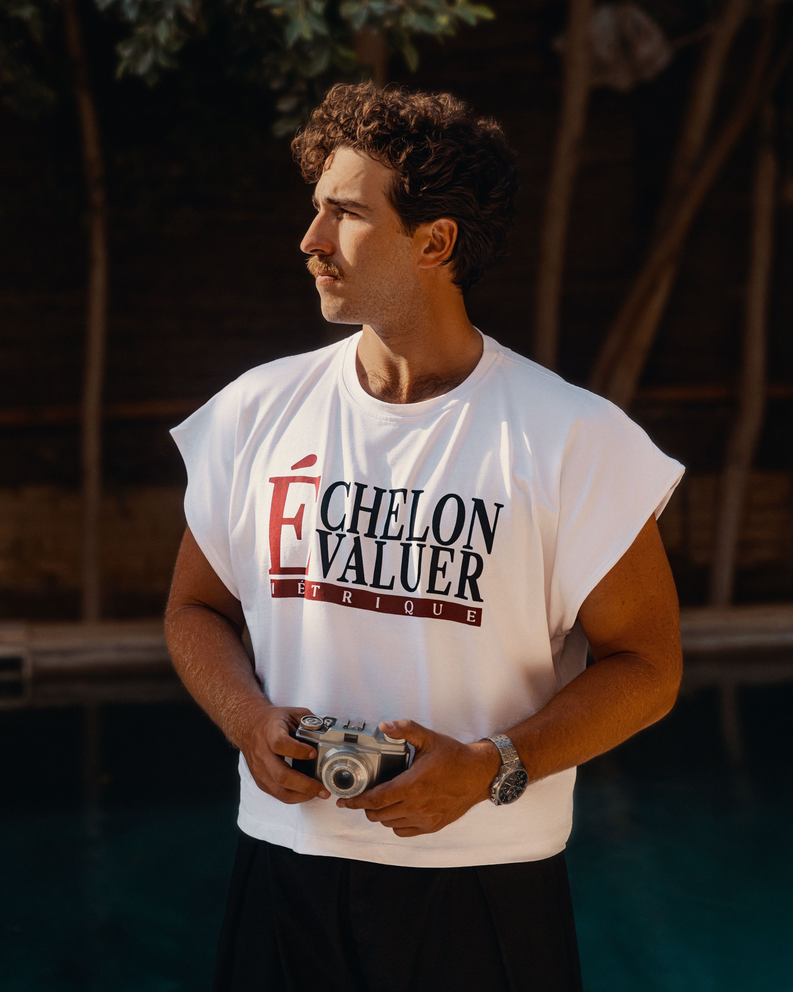 L’ Essential Boxy Tee-Antique White With Red  Accents